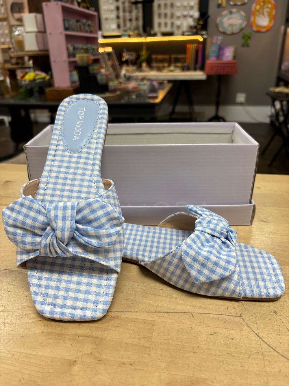 TOP Moda Light Blue Gingham Bow Slide Mules